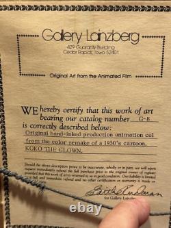 Célèbre KOKO Clown des années 1930, animation cel unique à l'encre à la main avec certificat d'authenticité
