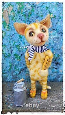 Chat en feutre aiguille, unique en son genre, jouet d'art, collectionnable, jouet fait main, réalisé par un artiste