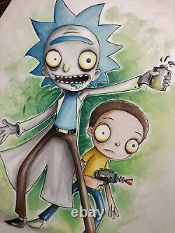 Chris Uminga ORIGINAL 2015 Peinture Aquarelle Rick et Morty Unique en Son Genre