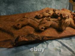 Collectible Un Du Genre Sept Chevaux Tête Wood Carving Plaque Figurine