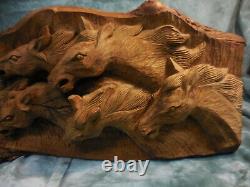 Collectible Un Du Genre Sept Chevaux Tête Wood Carving Plaque Figurine