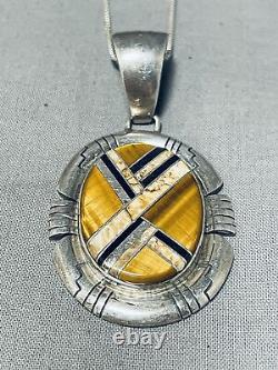Collier en argent sterling vintage Navajo unique en son genre avec œil de tigre et onyx