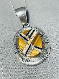 Collier en argent sterling vintage Navajo unique en son genre avec œil de tigre et onyx