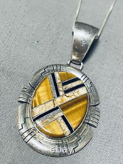 Collier en argent sterling vintage Navajo unique en son genre avec œil de tigre et onyx