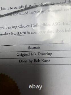 Dessin à l'encre original et unique de Batman signé et autographié par Bob Kane avec certificat d'authenticité (COA).