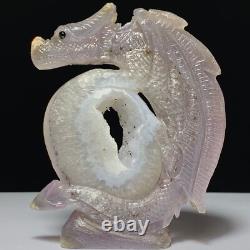 Dragon en cristal de quartz druzy géode sculpté à la main, unique en son genre