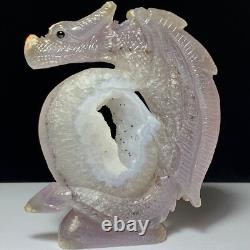 Dragon en cristal de quartz druzy géode sculpté à la main, unique en son genre