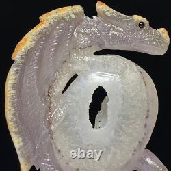 Dragon en cristal de quartz druzy géode sculpté à la main, unique en son genre