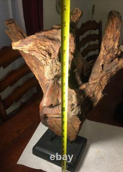 Figurine Vintage Grande Tronc d'Arbre Sculpté en Bois Vieil Homme Art Populaire Unique
