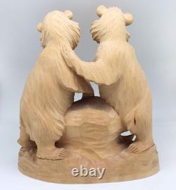 Figurine en bois sculptée de deux petits ours uniques avec un poisson 11,5 Nature Woo