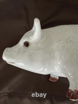 Figurine en porcelaine émaillée de cochon grande, vintage, très rare et unique, provenant de Bavent, France.