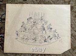 Gâteau d’anniversaire vintage avec personnages Disney, signé, 8 bougies, pièce unique, crayon