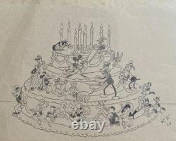 Gâteau d’anniversaire vintage avec personnages Disney, signé, 8 bougies, pièce unique, crayon