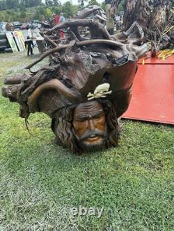 Grand Tête de Pirate en Teck Sculptée à la Main, Pièce Absolument Éblouissante et Unique