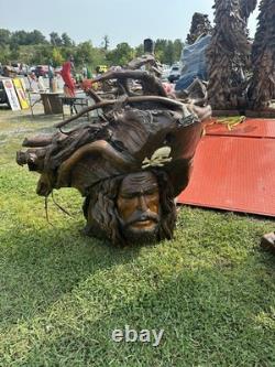 Grand Tête de Pirate en Teck Sculptée à la Main, Pièce Absolument Éblouissante et Unique