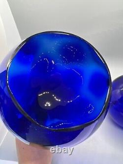 Impressionnants Paire de Gobelets à Vin en Verre Soufflé à la Main, Bleu Cobalt, Signés et Uniques
