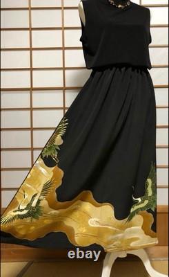 Jupe maxi Tomesode noire en soie, taille unique, fabriquée au Japon, unique en son genre