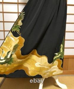 Jupe maxi Tomesode noire en soie, taille unique, fabriquée au Japon, unique en son genre