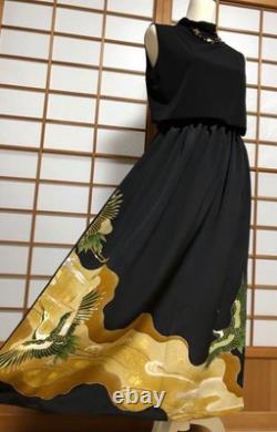 Jupe maxi Tomesode noire en soie, taille unique, fabriquée au Japon, unique en son genre