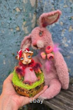 Lapin, lapin en peluche avec mini chien, objet de collection, fait main, jouet d'artiste Lapin, lapin en peluche avec mini chien, objet de collection, fait main, jouet d'artiste