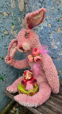 Lapin, lapin en peluche avec mini chien, objet de collection, fait main, jouet d'artiste
