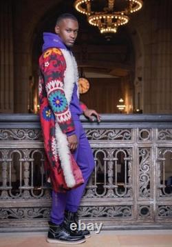 Manteau de collection vintage rouge Suzani unique en son genre avec bordure en alpaga, taille L