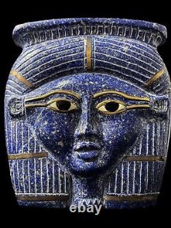 Masque facial Hathor unique en lapis-lazuli pur, détails faits à la main manifestés