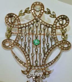 One Of A Kind Imperial Russian Faberge 14k Rose Gold, Emerald & 3ct Diamonds Broche
