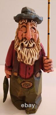 Original Unique Signé et Sculpté à la Main Pêcheur David Frykman avec Canne 8.5