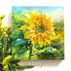 Peinture à l'huile originale Art Tournesol Jaune Signée 6x6in Fleurs Impasto Solis