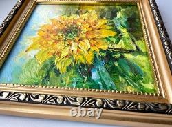 Peinture à l'huile originale Art Tournesol Jaune Signée 6x6in Fleurs Impasto Solis
