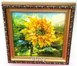 Peinture à l'huile originale Art Tournesol Jaune Signée 6x6in Fleurs Impasto Solis