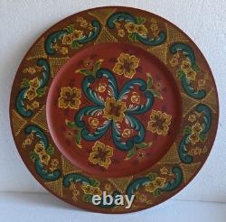 Plaque en bois peinte à la main en rosemaling norvégien, pièce unique, 16 po de diamètre
