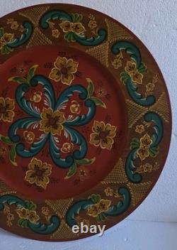 Plaque en bois peinte à la main en rosemaling norvégien, pièce unique, 16 po de diamètre