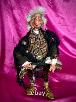 Poupée d'artiste en argile polymère steampunk fantastique OOAK Troll Gardien du Temps Mixed Media