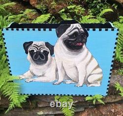 RARE Porte-revues chic de designer avec un pug peint à la main, unique en son genre
