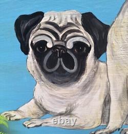 RARE Porte-revues chic de designer avec un pug peint à la main, unique en son genre