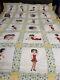 Rare Couverture Vintage Brodée Betty Boop Unique En Son Genre, 100 X 69, 24 Carrés