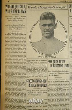 Rare De L'espèce 1919 Ohio Journal Jack Dempsey Se Jette De Jess Willard