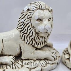 Rare ensemble unique de 2 serre-livres anciens lions assis en plâtre artistique du Mexique