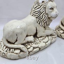Rare ensemble unique de 2 serre-livres anciens lions assis en plâtre artistique du Mexique