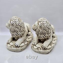 Rare ensemble unique de 2 serre-livres anciens lions assis en plâtre artistique du Mexique