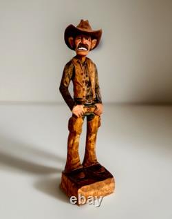 Sculpture de cowboy en bois avec grandes dents, finement sculptée à la main, unique en son genre, Gerald Sears, 12,5 pouces