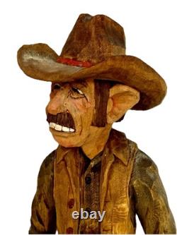 Sculpture de cowboy en bois avec grandes dents, finement sculptée à la main, unique en son genre, Gerald Sears, 12,5 pouces