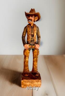 Sculpture de cowboy en bois avec grandes dents, finement sculptée à la main, unique en son genre, Gerald Sears, 12,5 pouces