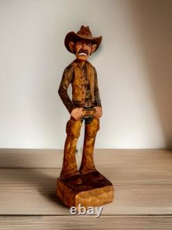 Sculpture de cowboy en bois avec grandes dents, finement sculptée à la main, unique en son genre, Gerald Sears, 12,5 pouces