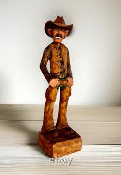 Sculpture de cowboy en bois avec grandes dents, finement sculptée à la main, unique en son genre, Gerald Sears, 12,5 pouces