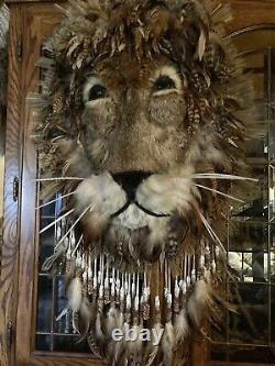 Tête de lion artisanale accrochée au mur, unique en son genre