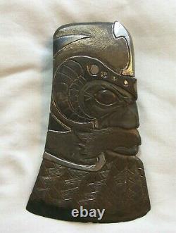Two Sided Carved Embossed Viking Head Axe Hatchet Un D'un Genre Unique