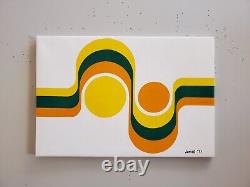 Une pièce d'art de peinture unique des années 70, rétro, du milieu du siècle dernier, avec des vagues jaunes, orange et vertes de 1977.